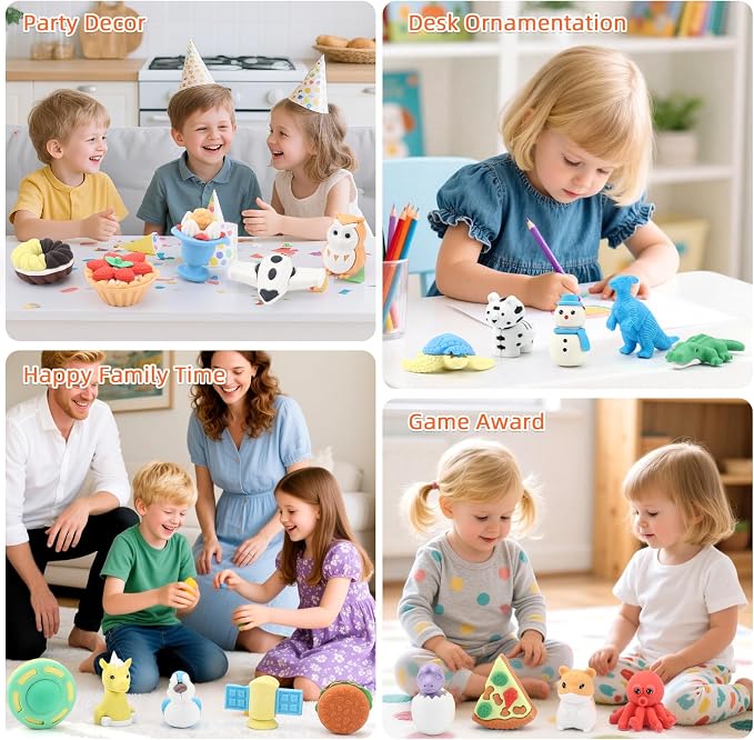 URSKYTOUS 120Pcs Animal Erasers Bulk Cute Food Erasers Desk Pets Kids Puzzle - Image 3