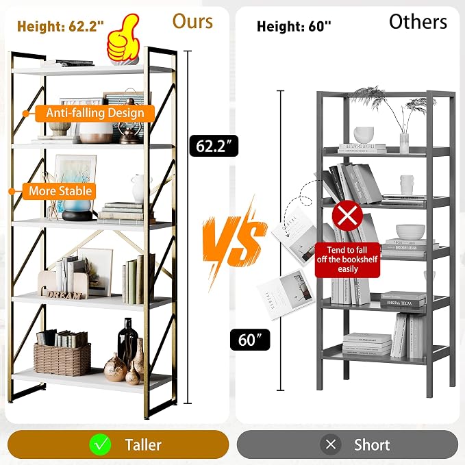 Shintenchi 5 Tiers Bookshelf, Classically Tall Bookcase Shelf, Industrial Book - Image 2