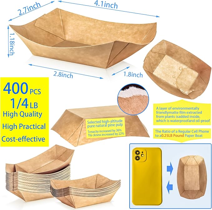 400 Pack 1/4Lb Paper Food Boat Trays Disposable Small Paper Boats Plates - Image 2