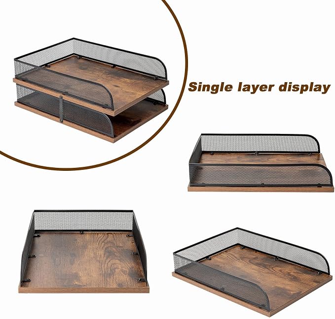 Set of 2 Vintage Wood & Metal Letter Tray，Desk Organizers Paper Tray，Office - Image 3