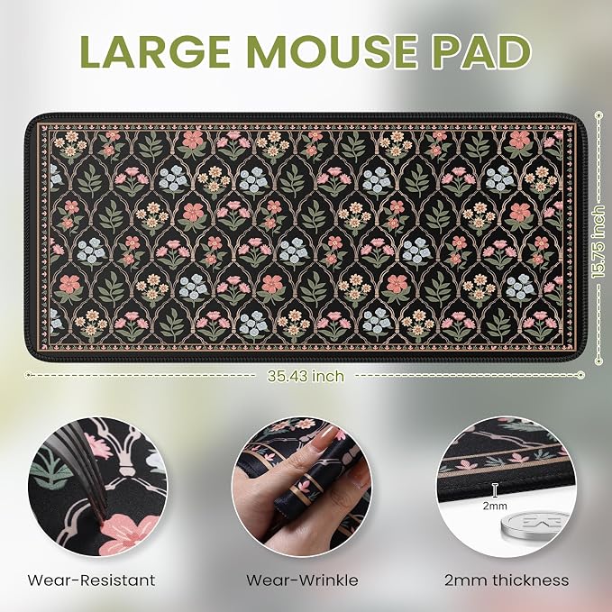 iCasso Floral Desk Pad Mat, Large Mouse Pad, Desk Matt - Image 3