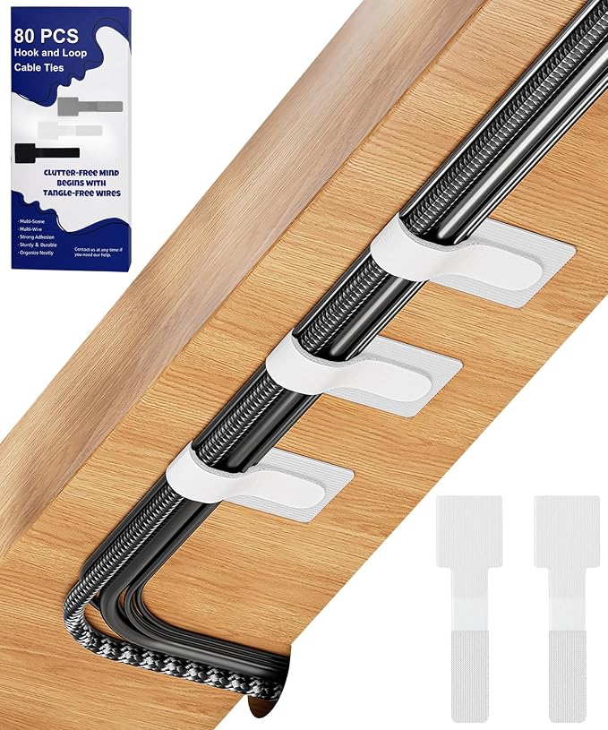 80PCS Hook and Loop Cable Ties, Under Desk Cable Management, Adhesive Cable by BTPIEL