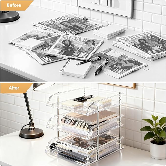 Desk Organizer and Storage, 3-Tier File Paper Tray Organizers, Stackable Clear - Image 2