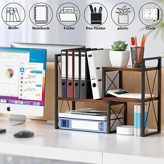 Expandable Desktop Shelf Organizer, 2 Tier Wood Desk Shelf - Image 3