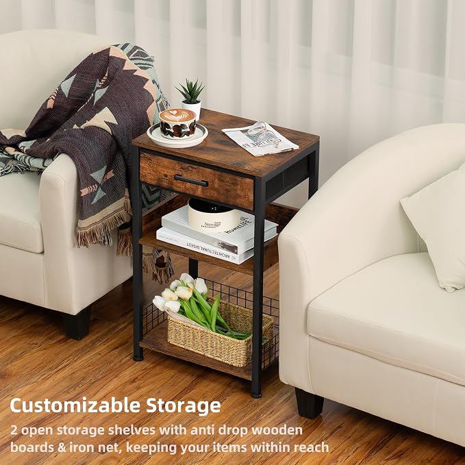 Lerliuo End Table with Fabric Drawer, 3 Tier Industrial Wood Side Table with - Image 5