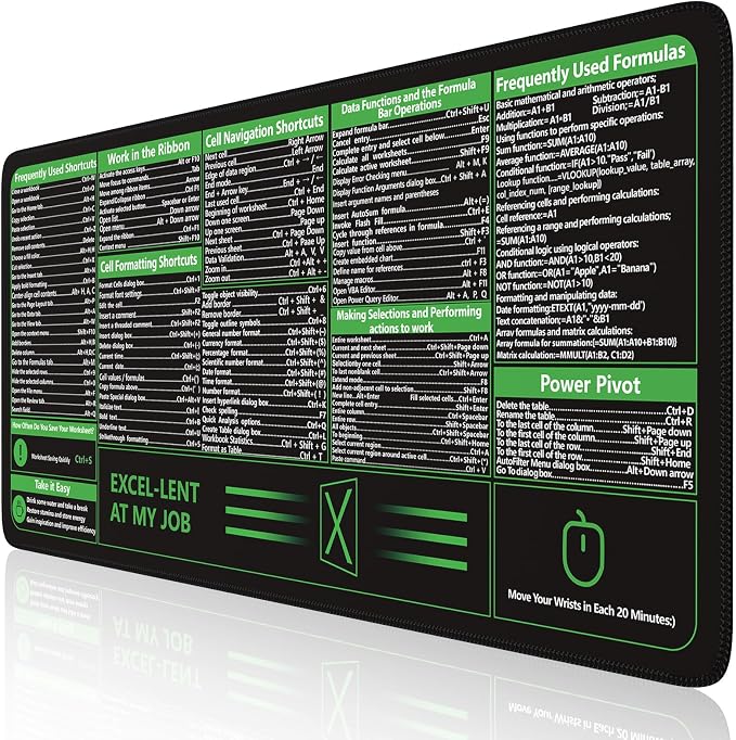iCasso Excel Cheat Sheet Desk Pad, Excel Mouse Pad Shortcuts, Excell Short Cut by iCasso
