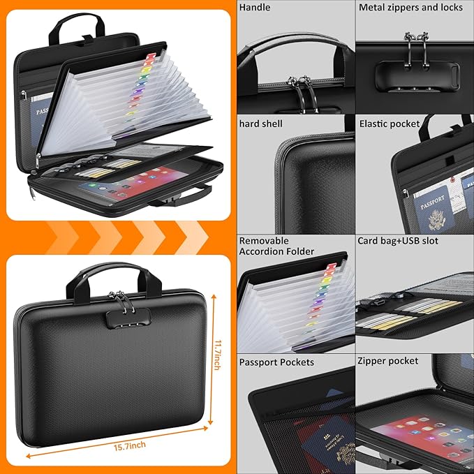 Fireproof File Organizer with Lock, Hard Case Fireproof Document Box with 13 - Image 4