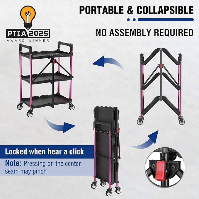 WORKPRO 3-Tier Collapsible Service Cart, 210 LBS Foldable Utility Cart - Image 3