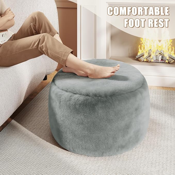 Round Stuffed Pouf Ottoman Foot Rest, Faux Fur Poufs - Image 4