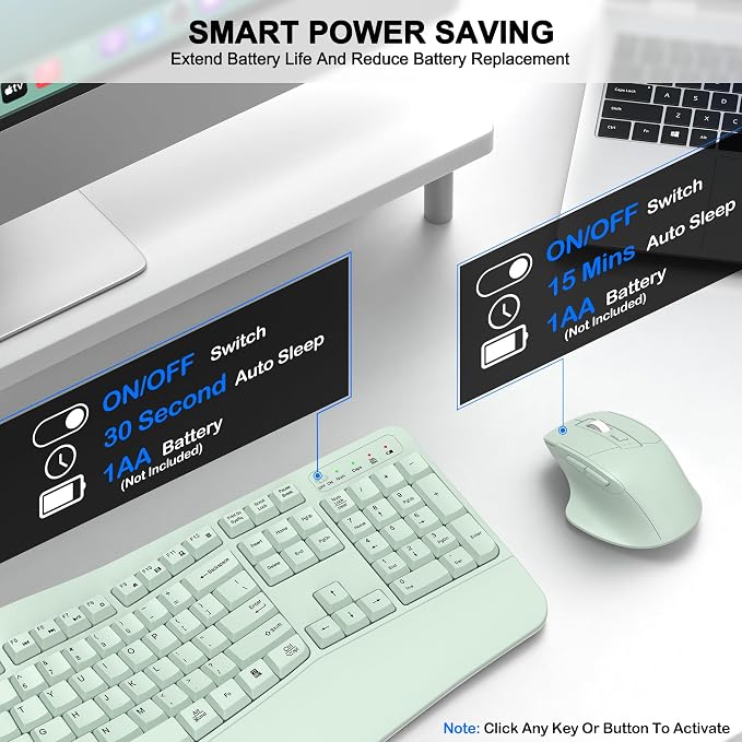 Wireless Keyboard and Mouse Combo, 2.4G Full Size Wave Keys Ergonomic Keyboard - Image 6