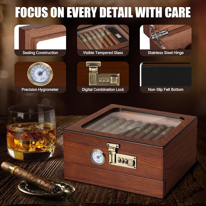 Tesonway Cigar Humidor, Cedar Wood Humidor Cigar Box, Glass Top Desktop Humidor - Image 6
