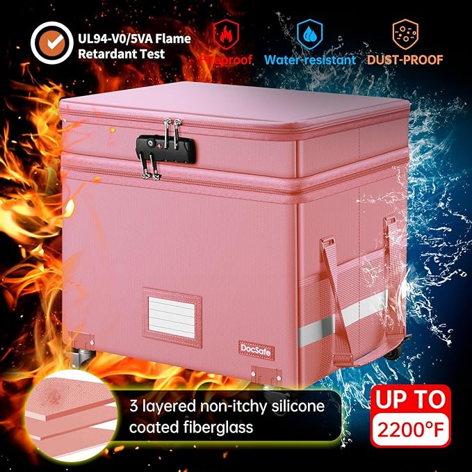 DocSafe File Box with Lock, 2-Layer Fireproof Document Box with Wheels - Image 4
