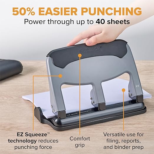 Bostitch EZ Squeeze 3 Hole Paper Punch, 40 Sheet Capacity, Heavy Duty Metal - Image 2