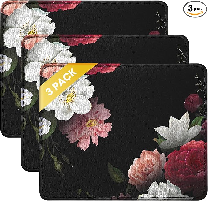 JIKIOU 3 Pack Mouse Pad with Stitched Edge, Portable Size-10.2x8.3in Peony | by JIKIOU