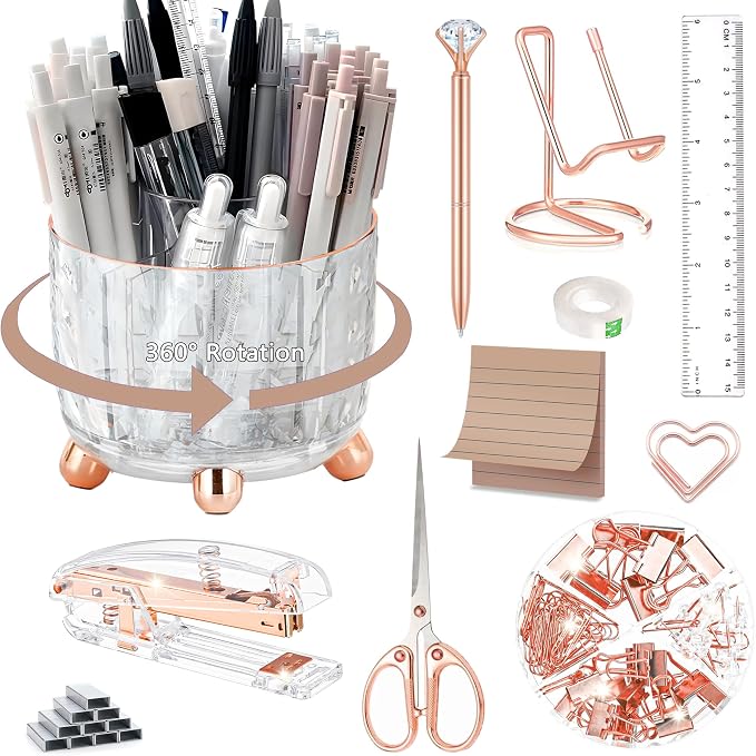 Rose Gold Desk Accessories, Office Supplies Desk Organizers 360°Pen Holder by Dimonluce