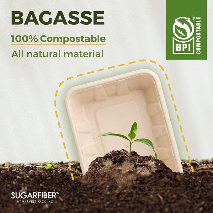 Harvest Pack 22 oz Compostable Food Trays, 8.49" x 6.45" x 1.3" Disposable PFAS - Image 6