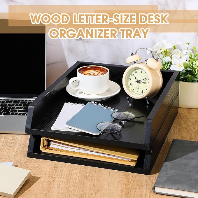 DoubleFill 2 Pcs Wooden Letter Trays 2 Tier Desktop Paper Organizer Wood - Image 3
