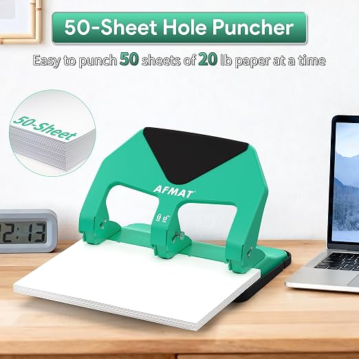 AFMAT Heavy Duty 3 Hole Punch, 50-Sheet Capacity, 50% Reduced Effort Three Hole - Image 3