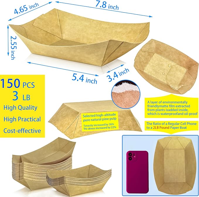 150 Pack 3LB Paper Food Boat Trays Disposable Paper Boat Containers, Heavy Duty - Image 2