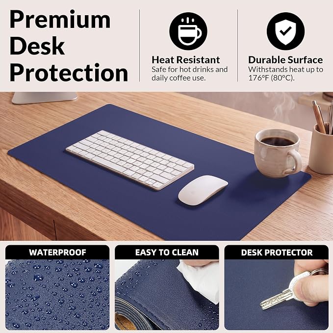 AFIING Cork Desk Mat, Sapphire Blue, 35.4" x 17" | Natural Cork & PU Leather - Image 4