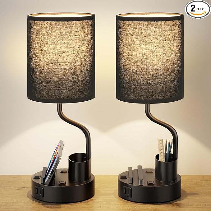 Black Bedside Table Lamps for Bedroom Set of 2 by Fenmzeelighting