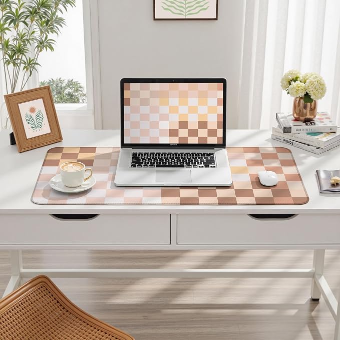 Checkered Boho Desk Mat Beige Pink Mouse Pad XXL Pastel Retro Large Mouse Pad - Image 8