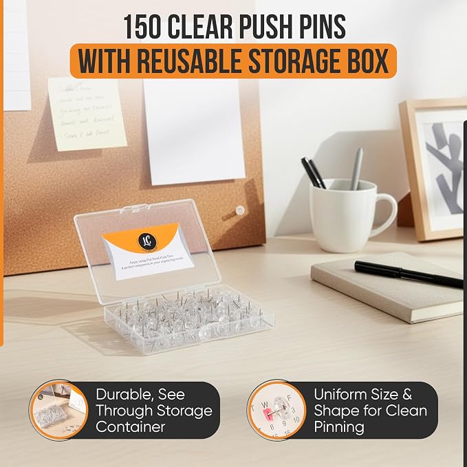 150 Pack Clear Push Pins Flat Head Thumb Tacks in Reusable Box. | By Luxurecourt - Image 7