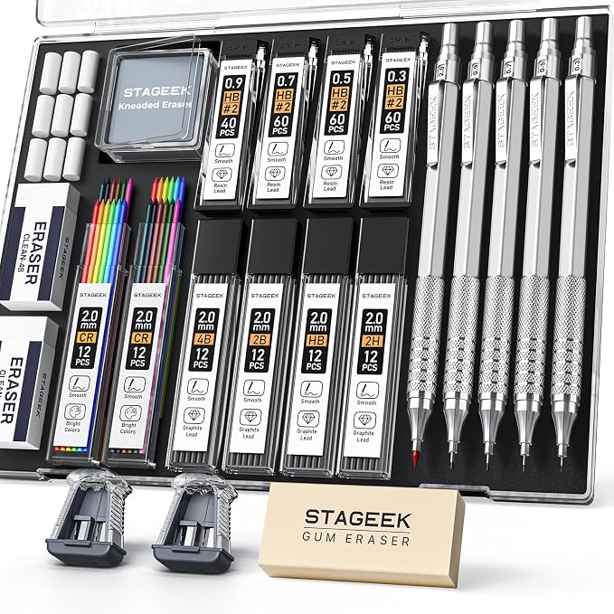 STAGEEK 21PCS Metal Mechanical Pencil Set, Art Lead Pencil 0.3, 2mm Holder by STAGEEK