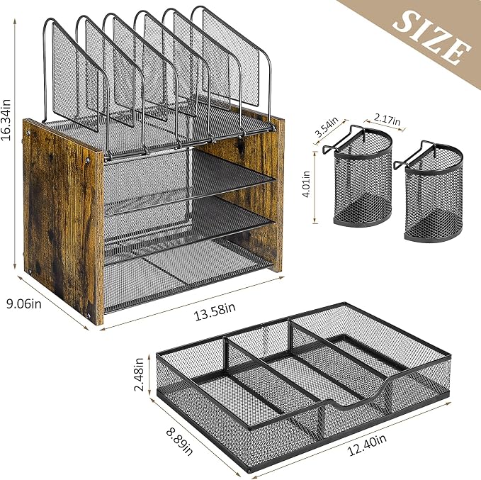 DAOUTIME 4-Tier Mesh Desk Organizer, Wooden Desk File Organizer - Image 6