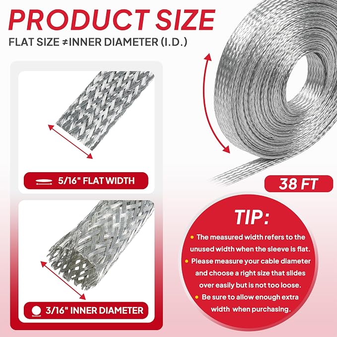 5/16" Wide Tinned Copper Braided Metal Wire Shielding Sleeve Ground Strap - Image 2