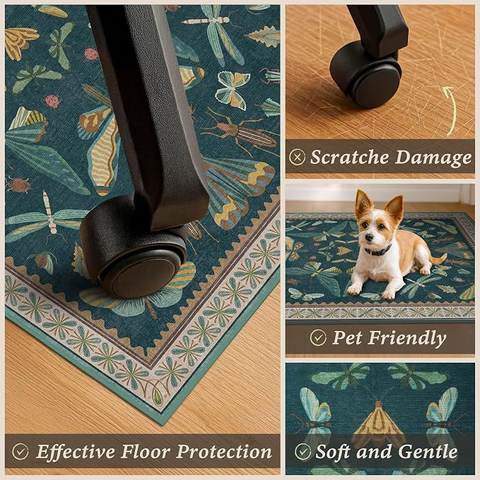 3'x4' Teal Office Chair Mat for Hardwood Floors, Insect Boho Design, Non-Slip - Image 5