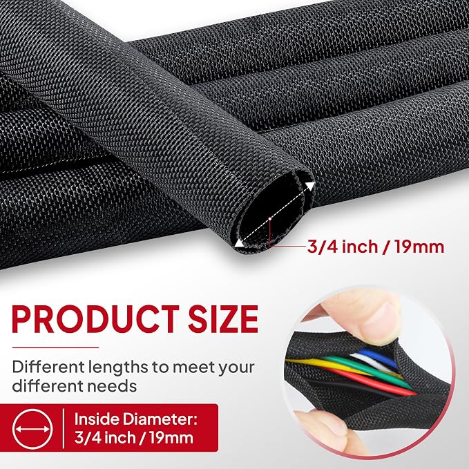 Black Braided Cable Management Sleeves Wire Loom Tubing Cord Protector - Image 2