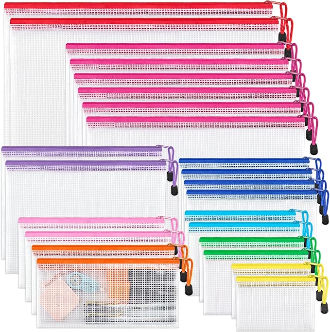 JARLINK 24 Pack 8 Sizes Mesh Pouch, 9 Colors, Waterproof Zipper File Bags by JARLINK