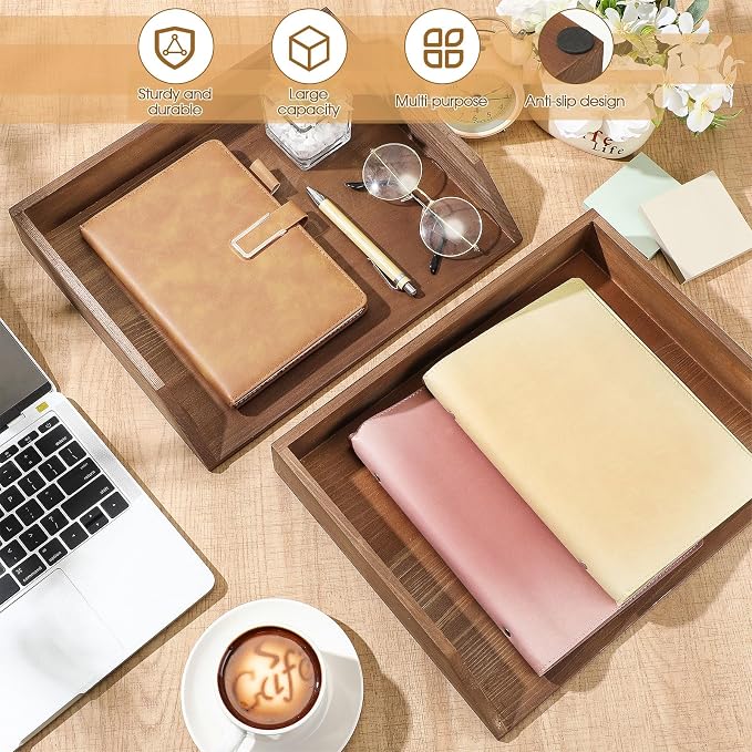 Beeveer 2 Pcs Dark Wood Letter Tray Wooden Desk Paper Organizer 2 Tier - Image 4