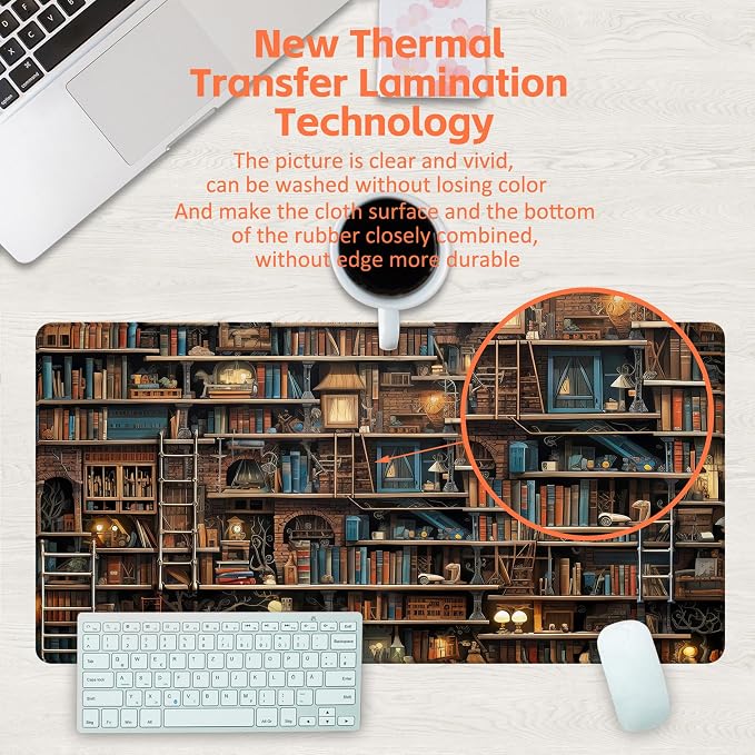 Desk Pad, Fantasy Shelves Desk Mat, Shelves Full of Books Large Gaming Mouse Pad - Image 4