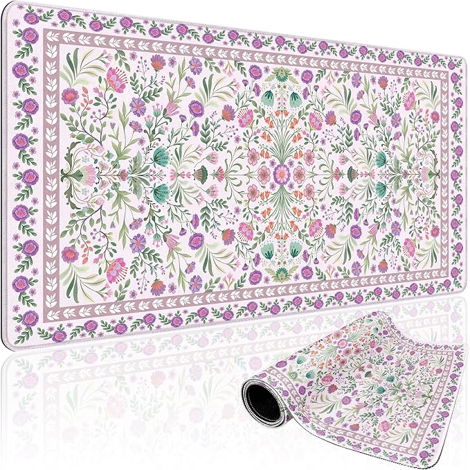 Purple Floral Desk Mat, 31.5"x15.7" Large Mouse Pad, Anti-Slip Rubber Base by Mcapirivo