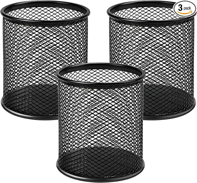 MaxGear Pen Holder for Desk 3 Pack, Mesh Metal, Non-Slip EVA Pad, 3.7’’ Tall | by MaxGear
