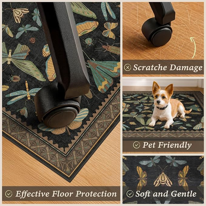 4'x5' Black Office Chair Mat for Hardwood Floors, Insect Boho Design, Non-Slip - Image 5