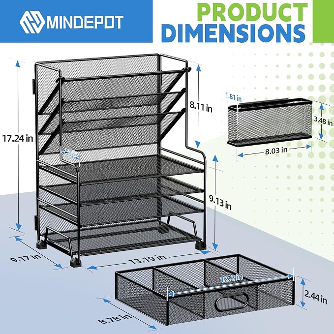 MINDEPOT 4-Tier Paper Organizer + 3-Pocket File Holder + Drawer + Pen Holders - Image 2