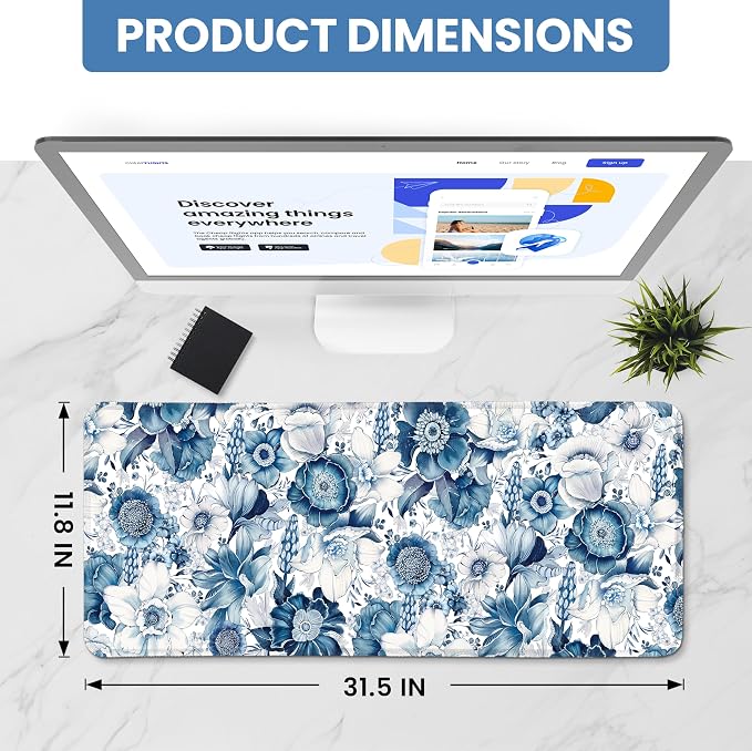 Aesthetic Desk Mat, Cute Blue Floral Desk Pad Protector - Image 2