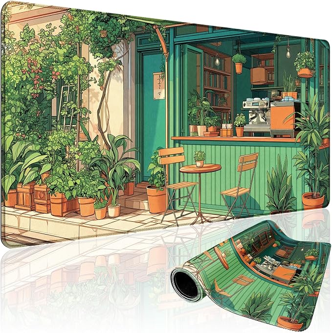 Japanese Coffee Shop Large Gaming Mouse Pad 31.5"x15.7"｜ Green Plant XXL Desk by Mcapirivo