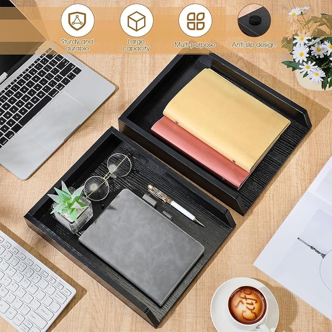 DoubleFill 2 Pcs Wooden Letter Trays 2 Tier Desktop Paper Organizer Wood - Image 4