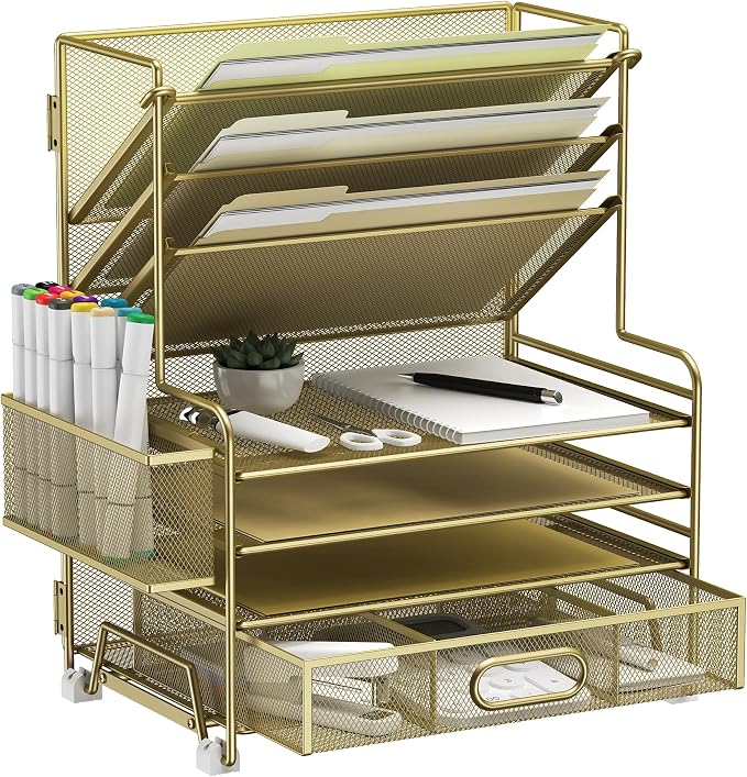 MINDEPOT 4-Tier Paper Organizer + 3-Pocket File Holder + Drawer + Pen Holders by MINDEPOT