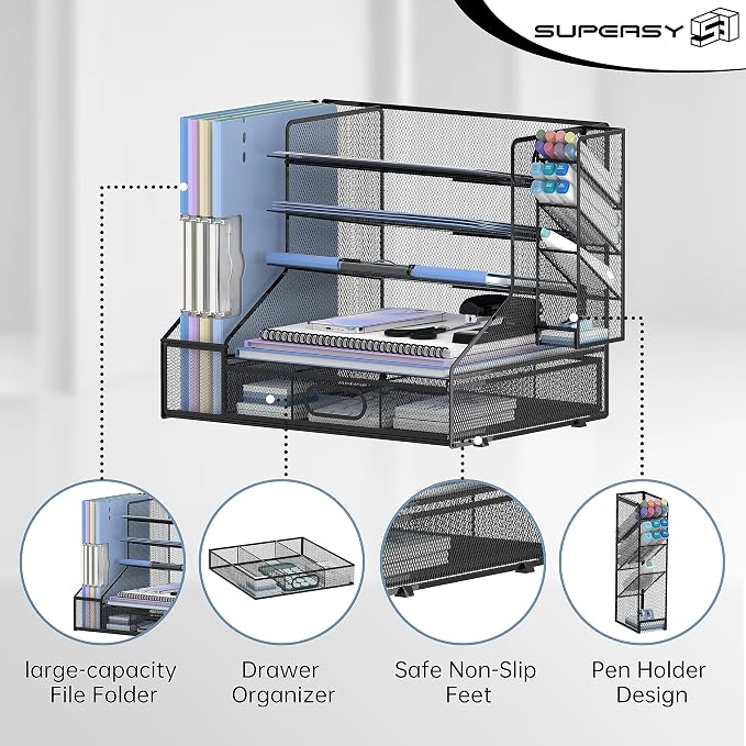 SUPEASY Desk Organizer with File Holder, 5-Tier Mesh Paper Letter Tray and 3 - Image 3
