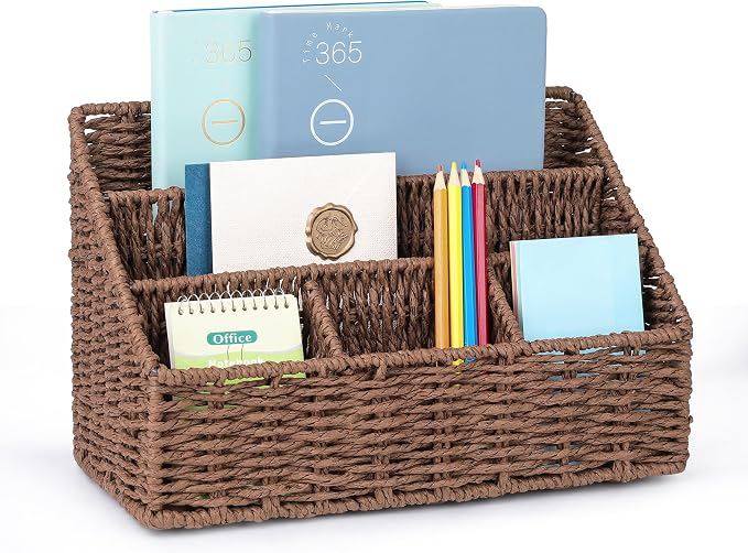 DINGTAI Rattan Desk Organizer, Tabletop Mail Holder, 5 Slot Mail Organizer by DINGTAI