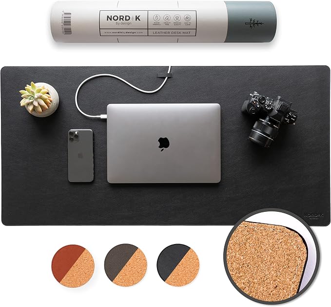 Nordik Cork Leather Desk Mat Cable Organizer Premium Extended Mouse Mat by NordikByDesign