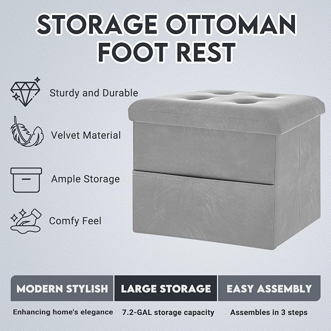 ZOES HOMEWARE Small Storage Ottoman Foot Rest, Velvet Ottoman - Image 3