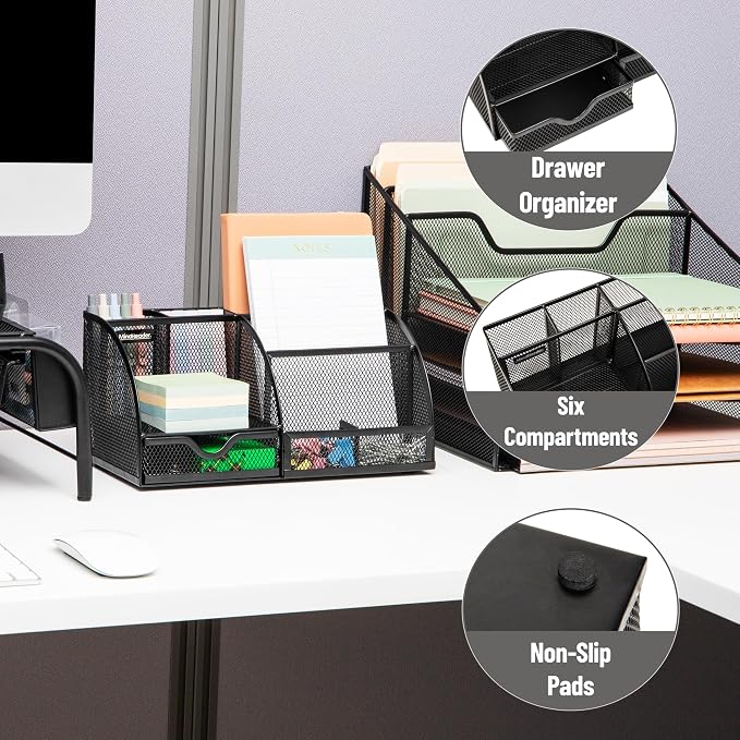 Mind Reader 7-Compartment Desktop Organizer, Metal Mesh Desk Organizer - Image 4
