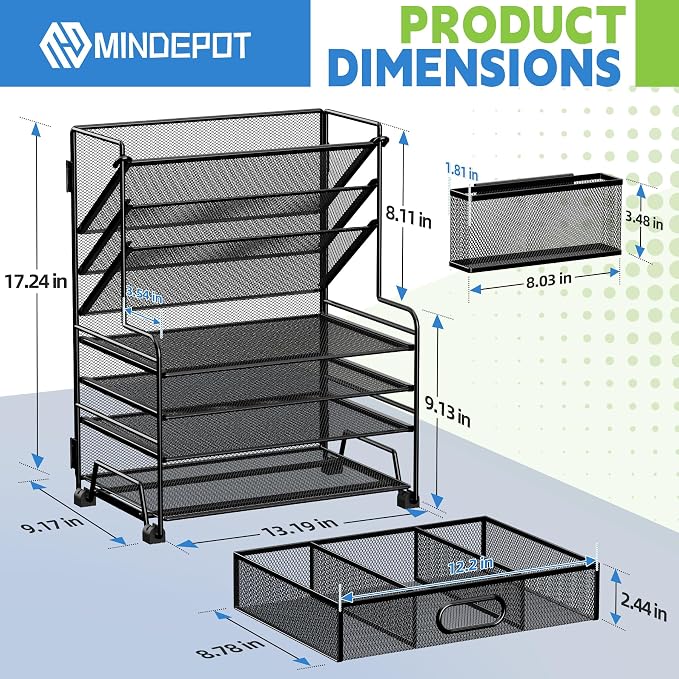 MINDEPOT 4-Tier Paper Organizer + 3-Pocket File Holder + Drawer + Pen Holders - Image 3