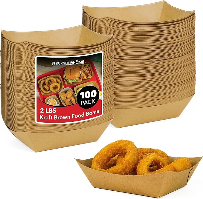 100 Pack 2-Lb Brown Kraft Paper Food Trays, Heavy-Duty Paper Food Boat by StockYourHome